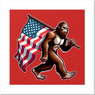 Bigfoot Carrying American Flag Posters and Art
